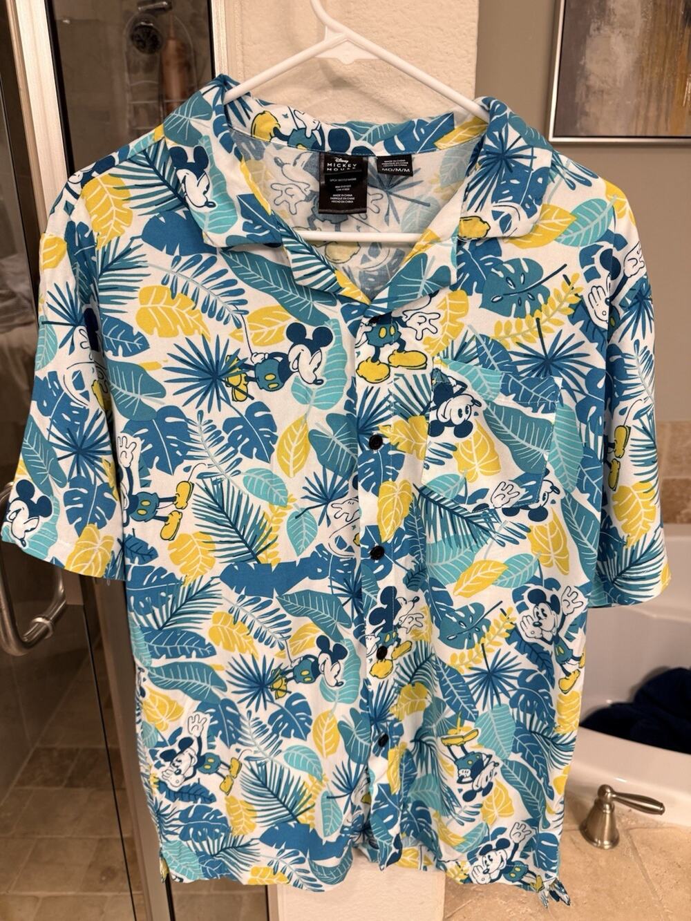 Disney Mickey Mouse Tropical Hawaiian Shirt Men’s M Blue Yellow Button Front
